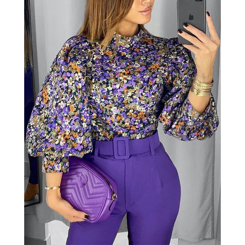 Новинка 2020, модная винтажная женская блузка, цветочный топ с рукавами-фонариками