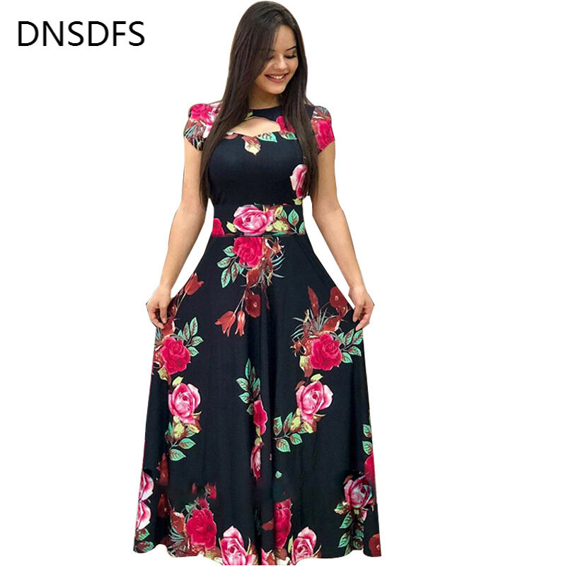 S- 5XL Oversize Elegant Summer Sundress 2020 Bohmia Flower Print Maxi Dresses Women Fashion Hollow Out Tunic Vestidos Plus Size