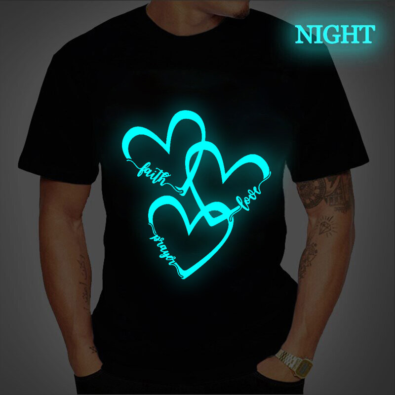 Camiseta de verano con impresión corazón amor para hombre y mujer, ropa informal estilo Hip Hop, camisetas luminosas de gran tamaño, novedad de 2021