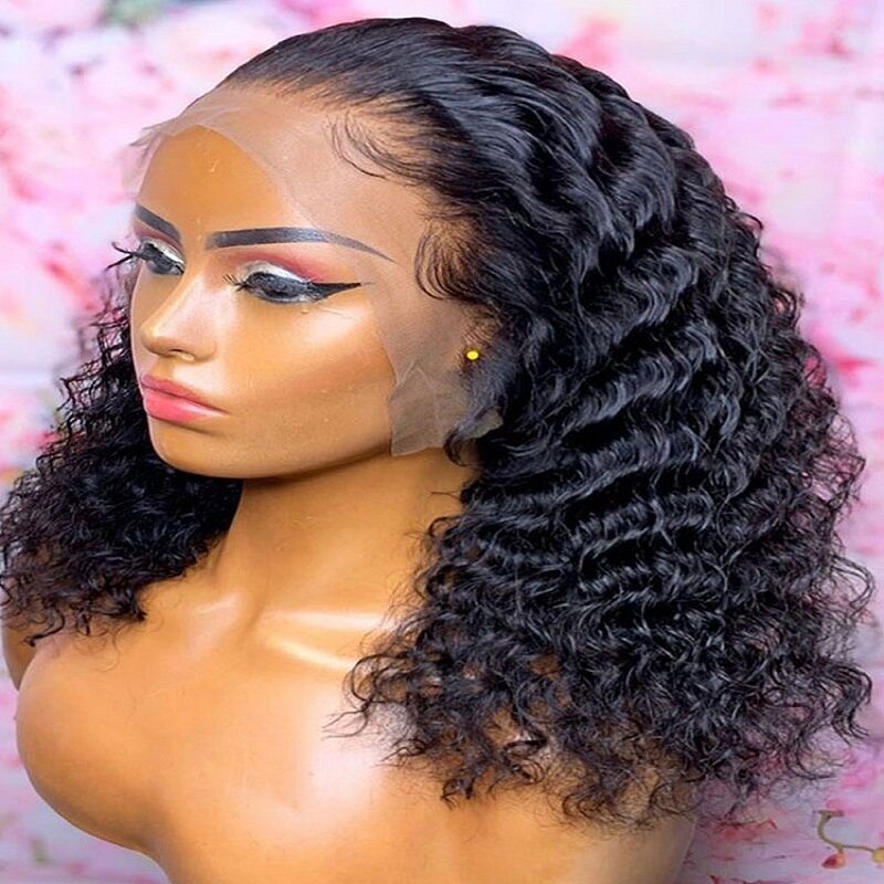 Natural Loose Wave Short Bob Lace Front Wig Heat Kinky Curly Soft Black Wig  Women Side Part Pre Plucked Natural Hairline.