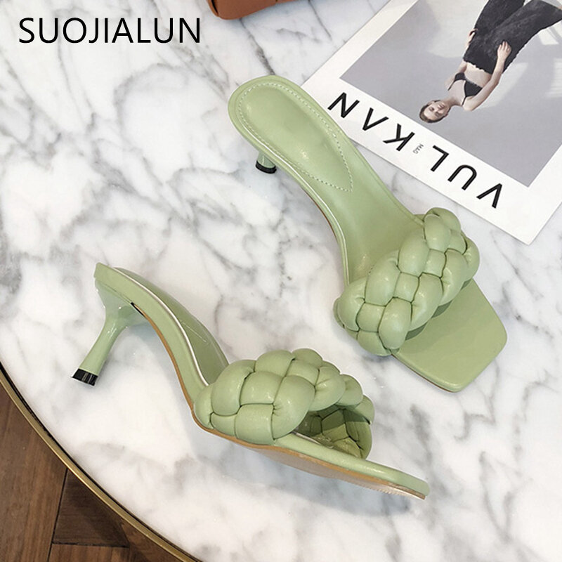 Suojialun 2020新デザイン織り女性スリッパ女性薄型ハイヒールサンダルオープンで夏屋外のスライドフリップ靴