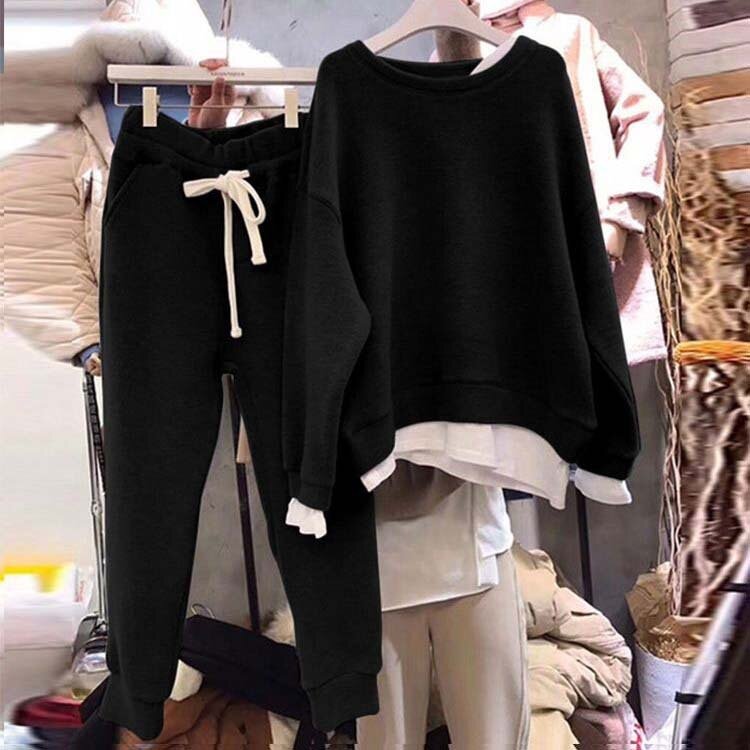 Conjunto de dos piezas para mujer, chándal de suéter suelto de Color sólido, pantalones, conjuntos de estilo, ropa de exterior femenina