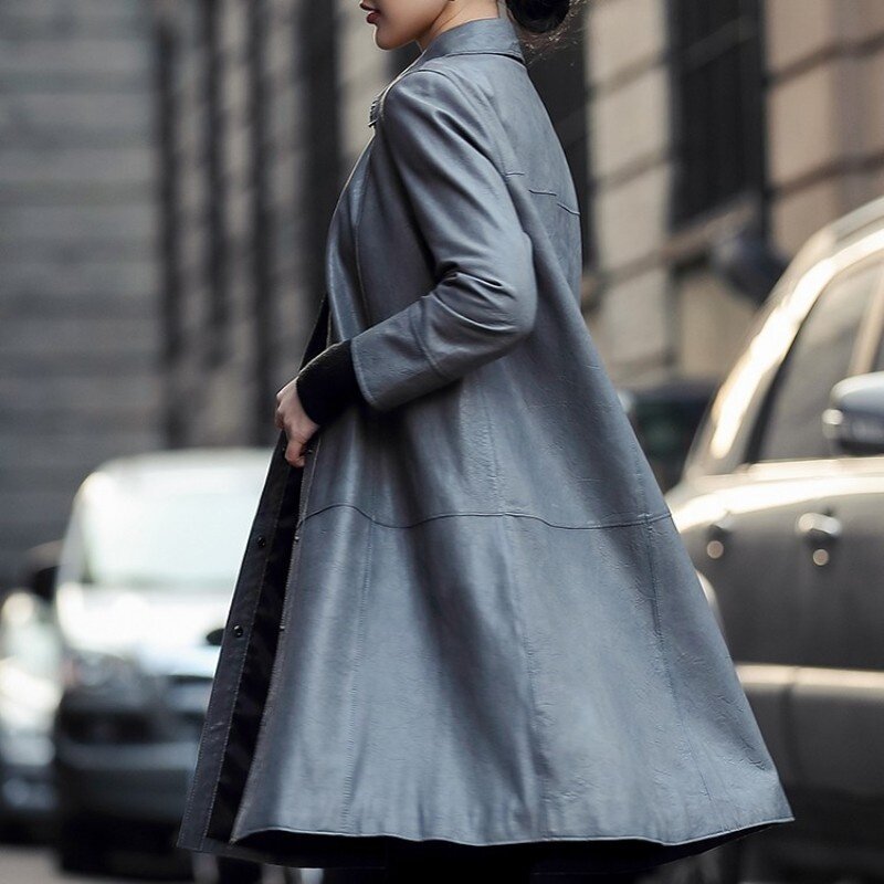 Veste longue en cuir 100% véritable, veste ample et élégante, pour femmes, principalement en peau d'agneau, collection printemps