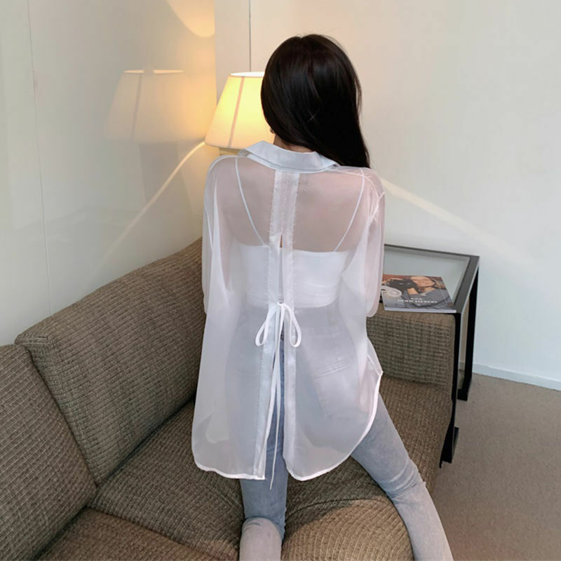 Прозрачная блузка HOUZHOU, лето 2021, рубашки с длинным рукавом, белые, розовые, зеленые, на пуговицах, женский модный корейский Кардиган Y2k, прозрачный топ