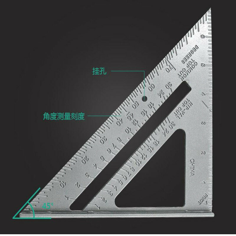 Regla triangular de 90 grados, regla de ángulo de espesamiento, medición de carpintero de aleación de aluminio, regla cuadrada para herramientas de carpintero, arquitectura