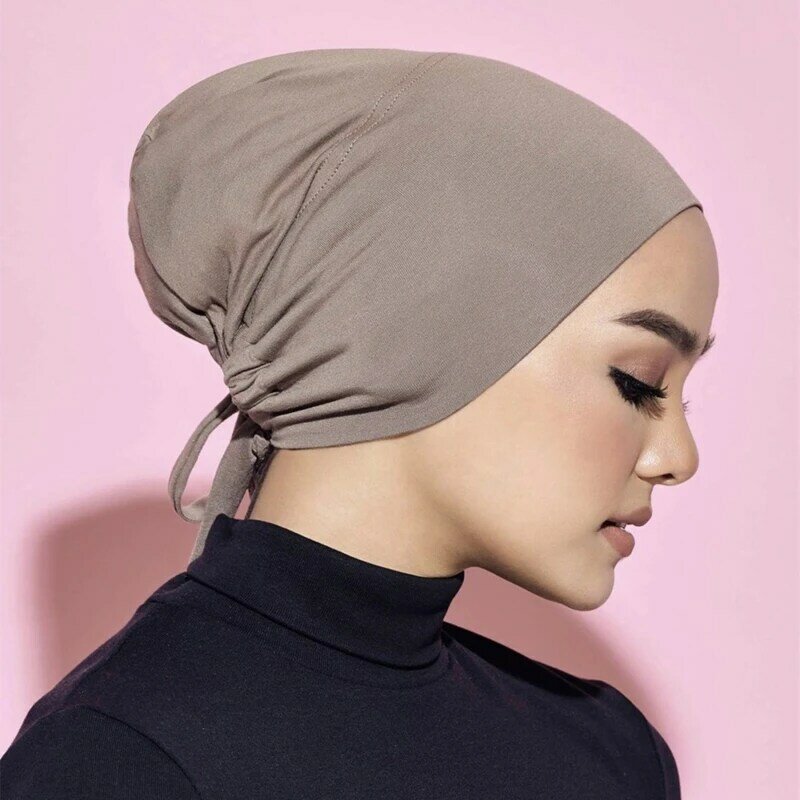 Mode Premium Jersey Moslemische Innere Kappe Stretch Hijab Mit Seil Einstellbare Frauen Underscarf Einfarbig Islamischen Turban Headwear