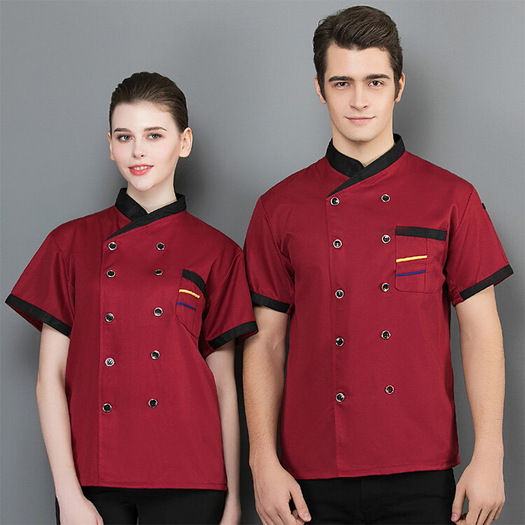 Double Breasted Short Sleeve Breathable Chef Jacket Catering Restaurant Unisex Kitchen Work Uniform Cook Clothes For Bakery Tops