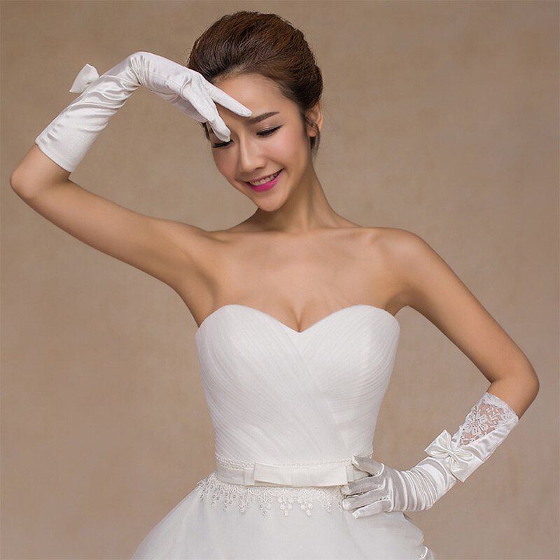 MOLANS Matte Satin Bridal Gloves Short Lace Trim Ivory Wedding Bridal Accessory Wrist Length Wedding Glove