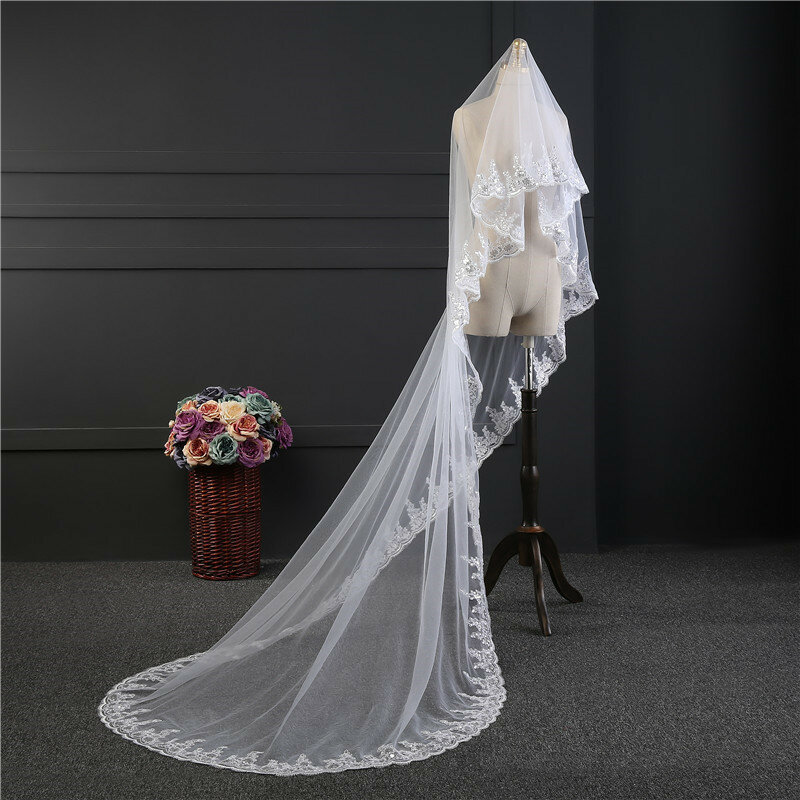 Nzuk alta qualidade catedral véu de noiva com pente blush rendas apliques 3 metros de comprimento 1t casamento véu capa rosto voile mariage