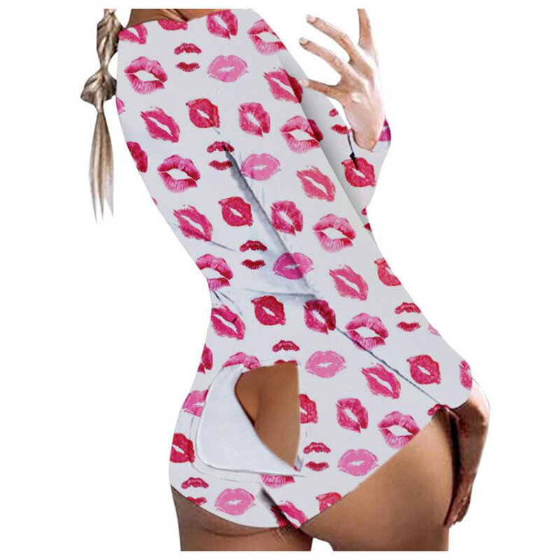 HIRIGINเสือดาวพิมพ์Jumpsuitsชุดนอนชุดนอนก้นผู้หญิงFlapเซ็กซี่Clubwear Mujerชุดชั้นในลึกVคอปุ่มUp Rompers
