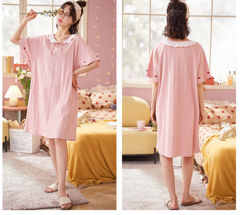 Robe de nuit à manches courtes pour femme, pyjama en coton pur, coupe fine, jupe moyenne coréenne, frais et charmant, pour la maison, nouvelle collection 2021