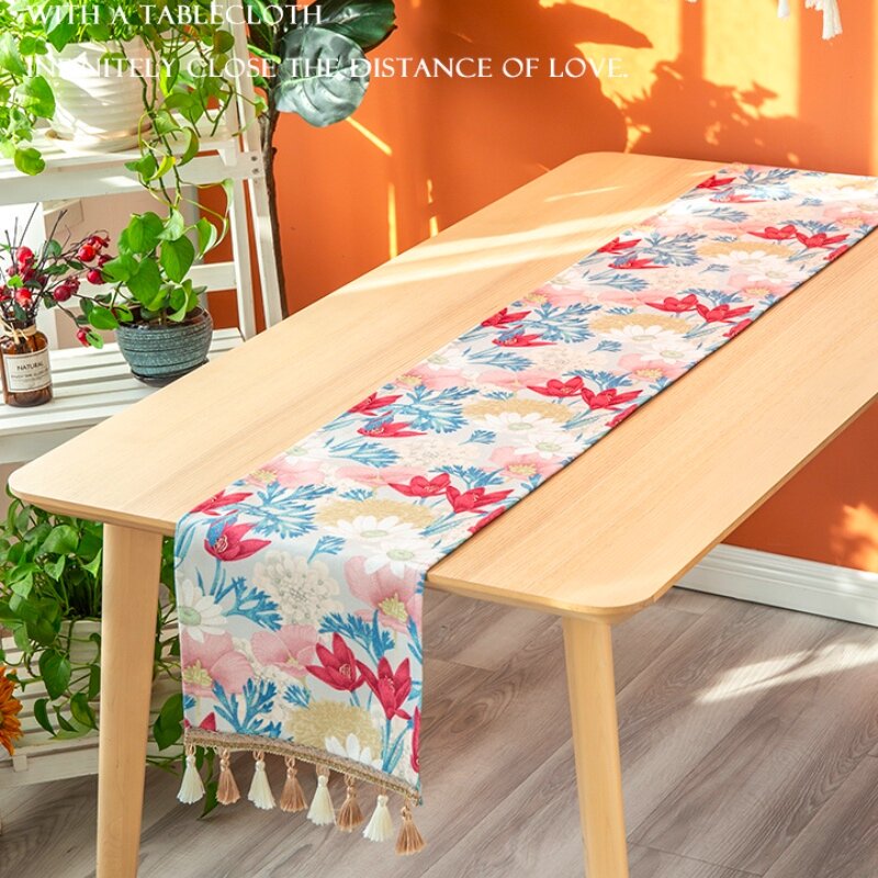 DUNXDECO-camino de mesa con borlas, cubierta de mesa larga para fiesta, tela fresca de estilo del país americano, decoración de escritorio con estampado de Flora de jardín