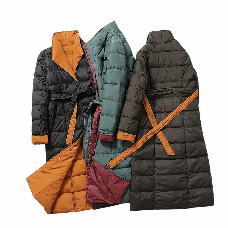 2021 New Woman Jacket Parkas Belted Color Matching Coat 여성용 무릎 위 겨울 의류 코트
