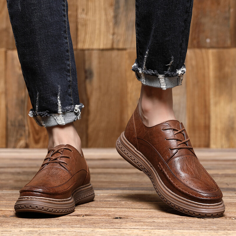Sapatos masculinos de couro, sapatos clássicos de couro da moda, para homens, com cadarço, designer para área externa, à prova d'água