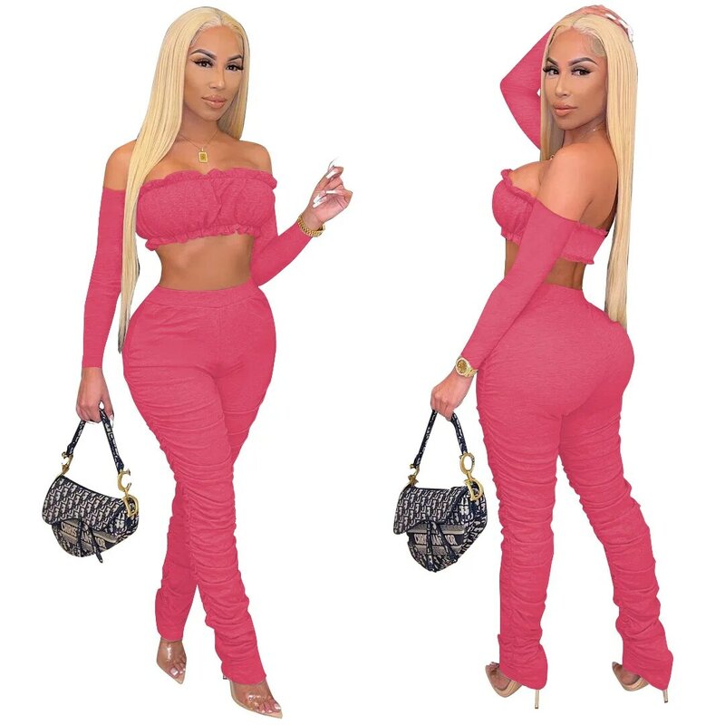 Women's Fashion Sexy 2 Two-piece Pants Sets Slash Neck Long Sleeve Short Tops Skinny Long Trousers Workout Stretchy Outfits