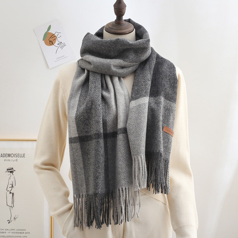 Écharpe en laine de style européen et américain pour femme, longue, polyvalente, épaisse, chaude, en cachemire véritable, châle d'hiver