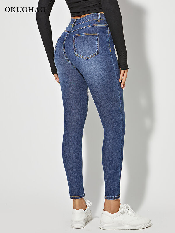 Skinny กางเกงยีนส์ผู้หญิงยืดสูงเอว Denim คลาสสิกกางเกง Slim Hip Lift Mom Jean แฟชั่น Blue Wash ห้ากระเป๋าดินสอกางเกง