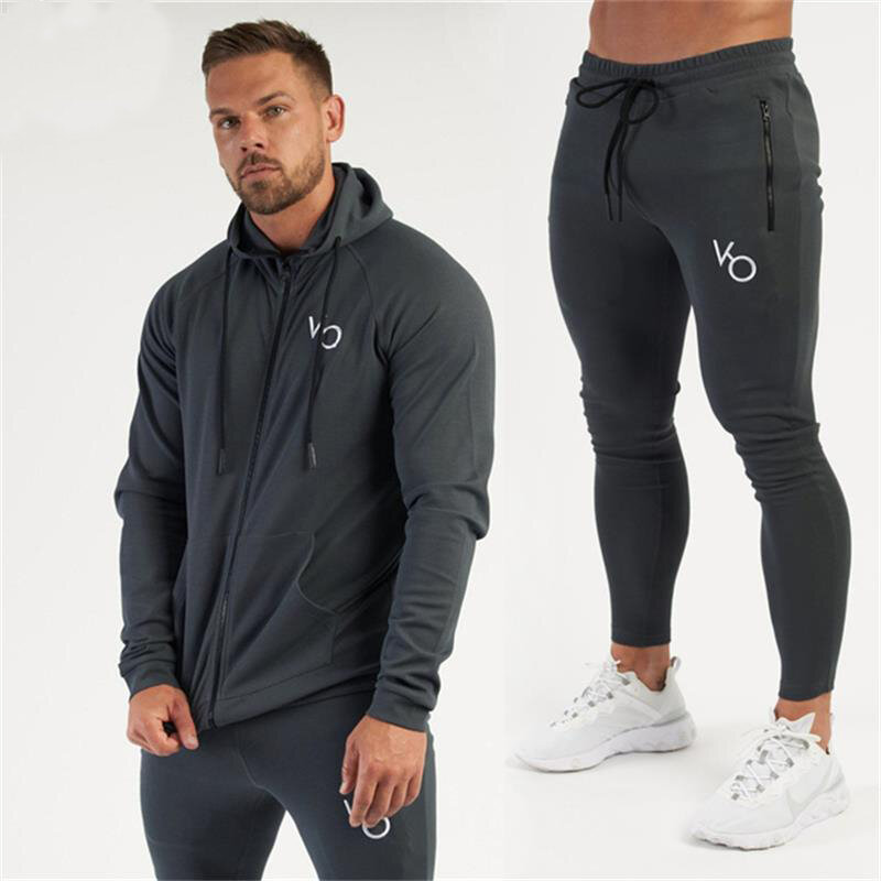 Jogger cotton spring and autumn men's suit streetwear casual hooded zipper hoodie jacket tops slim men's trousers