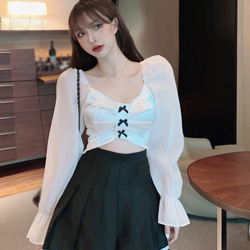 Moda coreana feminina sexy decote em v blusa exposta umbigo curto blusas femininas camisa de manga longa topos