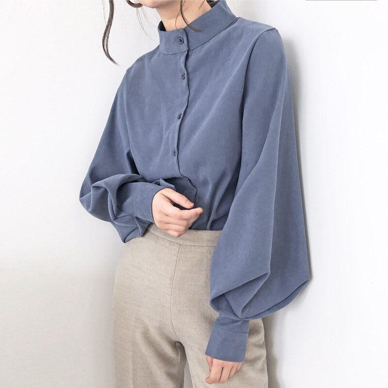 Big Lantern Sleeve Blouse Women Autumn Spring Single Breasted Stand Collar Shirts Office Work Blouse Solid Vintage Blouse Shirts