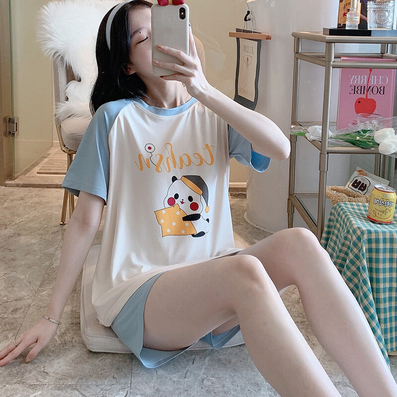 Blue Panda Pajamas Women's Summer Short-Sleeved Korean-Style Casual Loose Student Spring Autumn Fresh and Thin Homewear Suit