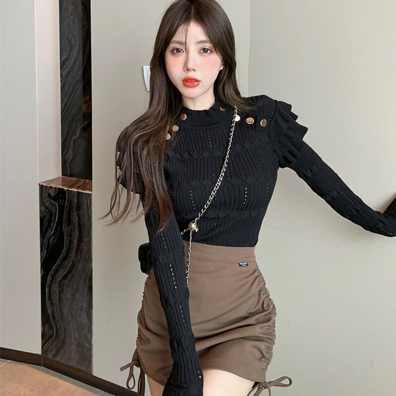 Новый элегантный шикарный вязаный свитер, женский корейский укороченный свитер с оборками и длинным рукавом, модный офисный Дамский облега...