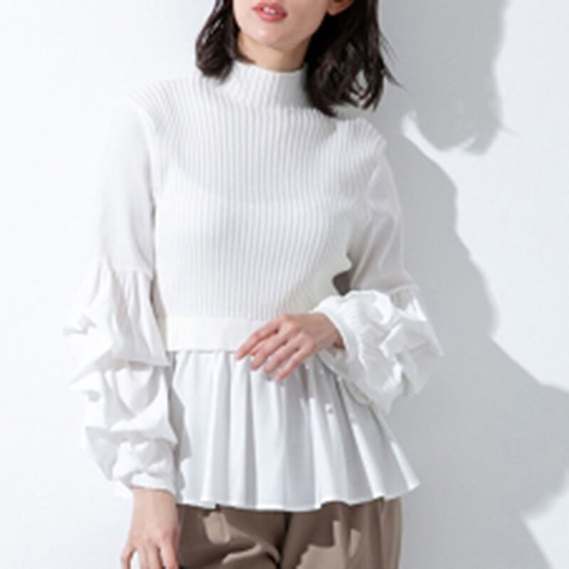 女性タートルネックセーター韓国スタイルのファッションニットパッチワーク長袖トップスエレガントなオフィスレディース原宿プルニット