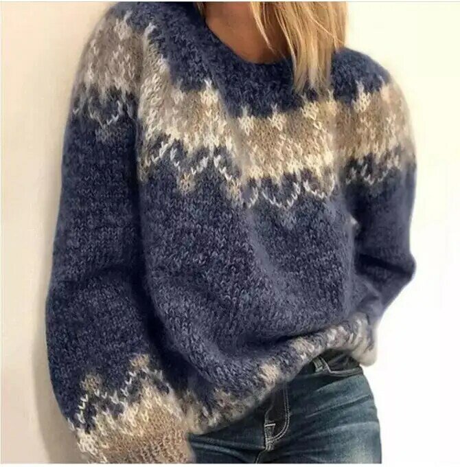 Women Elegant O-Neck Knitted Sweater Autumn Vintage Patchwork Long Sleeve Tops Jumpers Winter Thick Warm Loose Pullover Sweaters
