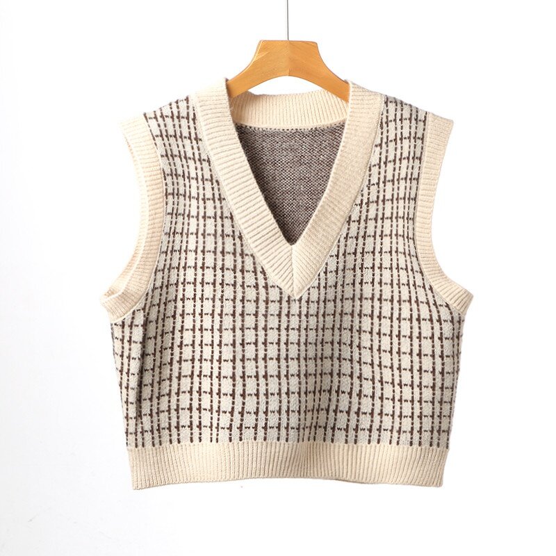 Women Knitted Plaid Sleeveless Vest Sweater Autumn V-neck Check Female Pullover Spring Casual All-match Ladies Sweaters