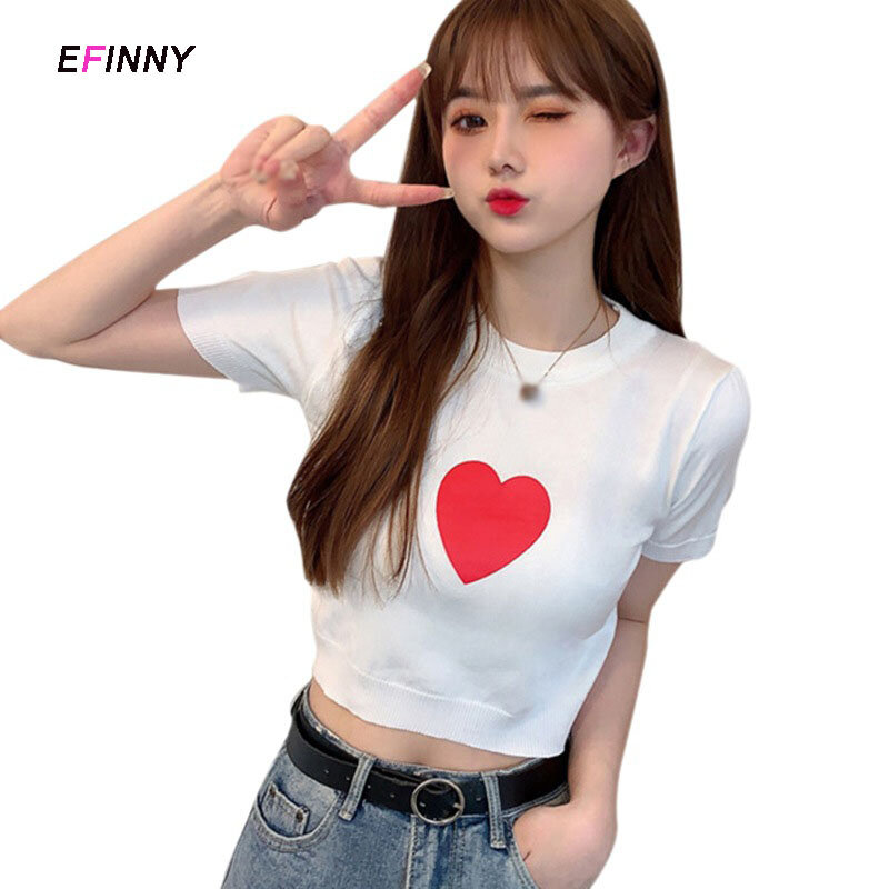 T-shirt manches courtes col rond femme, estival et décontracté, avec imprimé en forme de cœur, 6 couleurs