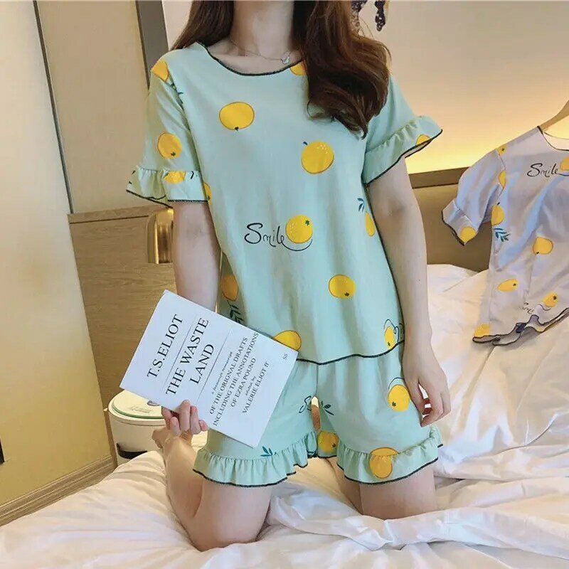 Conjunto de pijamas para mujer, ropa de dormir suelta de manga corta con estampado de frutas y alfabeto, con cuello redondo, para el hogar