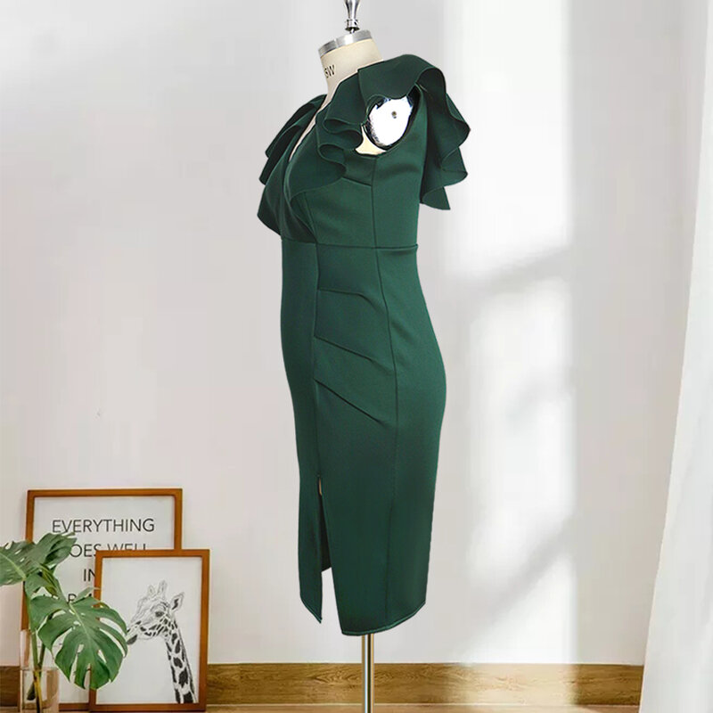 Размера плюс платья для женщин 4XL, темно-зеленые облегающие офисные вечерние платья средней длины с V-образным вырезом и Боковым Разрезом дл...