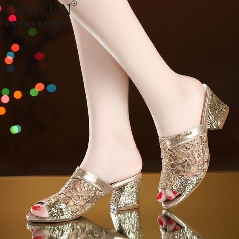 Mulher sandálias de verão ouro aberto dedo do pé sandália vestido de renda sapatos das mulheres salto alto sandálias salto quadrado bombas senhoras sapatos