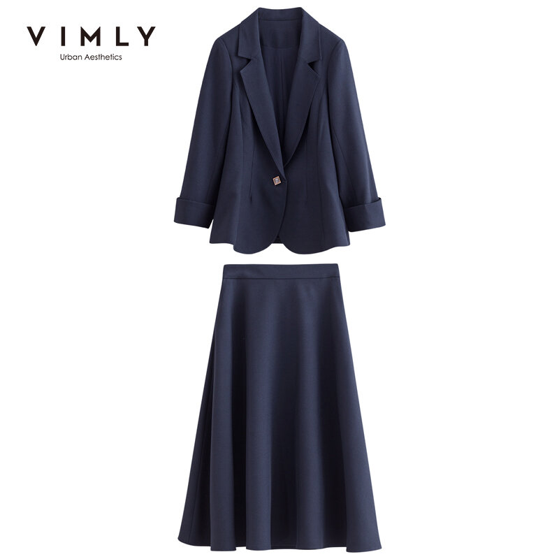 VIMLY ชุดผู้หญิง Elegant Blazer Coat เอวยาวกระโปรง Office Lady ชุด2ชิ้นหญิงเสื้อกระโปรงชุด F6362