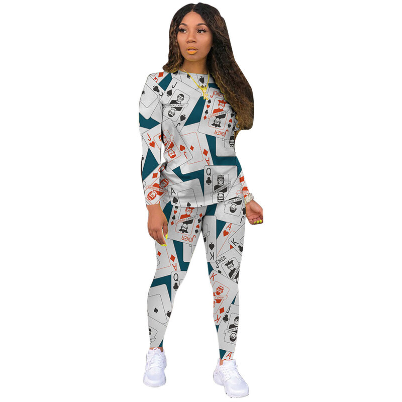 Poker Pattern Print Long Sleeve T-Shirt Trousers Women Suit 2020 Autumn European And American Casual Two Piece Set