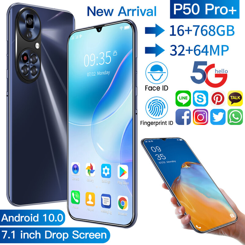 โทรศัพท์มือถือ Huawei P50 Pro + 5G 16GB 768GB 6800MAh สมาร์ทโฟน Global Version Dual Sim Android10 64MP 7.1 ''MTK6598ใหม่ HD หน้าจอ