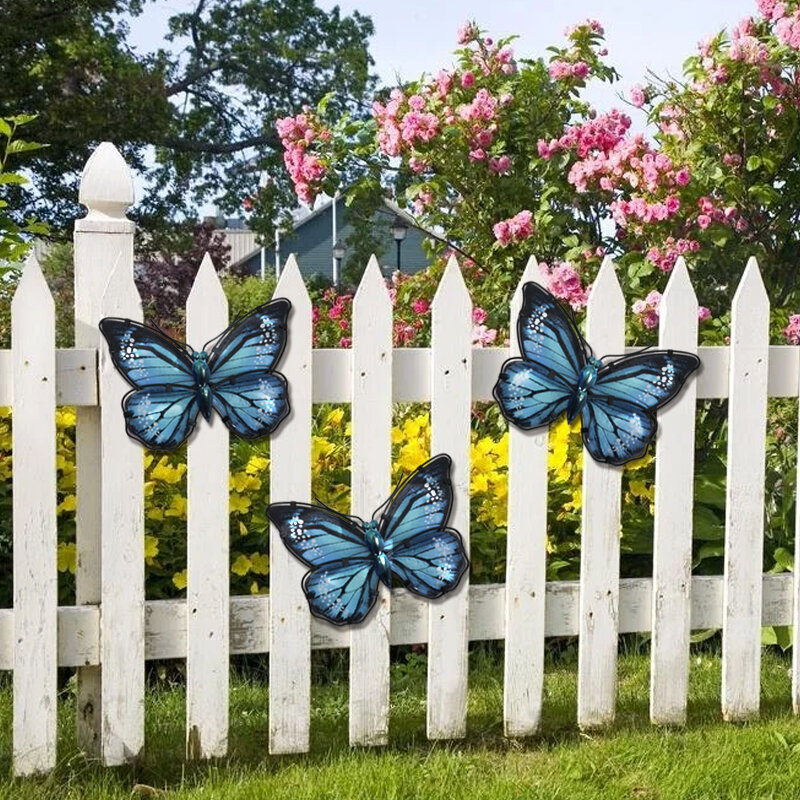 Arte de pared de mariposa de Metal azul para decoración del hogar y jardín, Miniaturas, animales, estatuas para uso en exteriores y esculturas para patio, Juego de 3