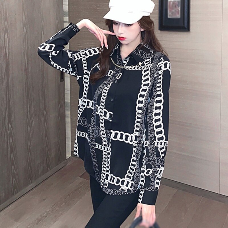 Frauen Vintage Shirts Koreanische Kette Druck Revers Kragen Casual Lose Lange-Ärmeln Blusen Weiß Schwarz Shirts Tops