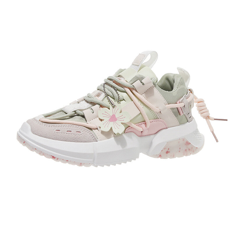 Natascha damskie buty dla taty studenckie kobiety Chunky Sneakers buty wulkanizowane Trend kwiat sznurowanie Patchwork gruba podeszwa Casual wiosenna