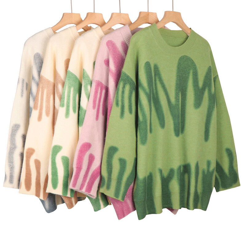 Женский вязаный свитер с принтом, Элегантные зеленые полосатые пуловеры оверсайз, женские зимние свободные длинные свитера, уличная одежда...