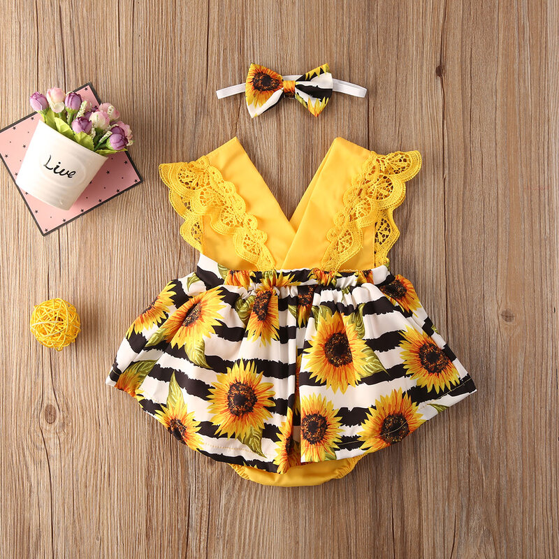 Pudcoco Newborn Baby Girl Clothes Summer Sleeveless Lace Ruffle Sunflower Print Romper Headband 2Pcs Outfits Sunsuit Clothes Set