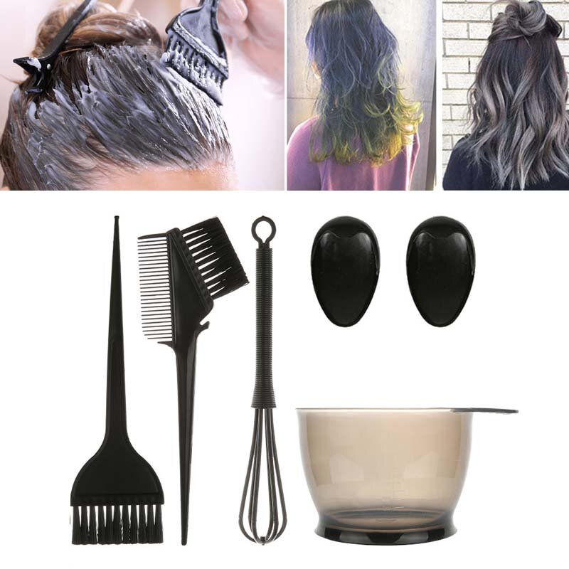 Ensemble d'outils de coloration des cheveux, Double usage, peigne, brosse, agitateur, anti-poussière, protège-oreilles, bol de teinture, 6 pièces