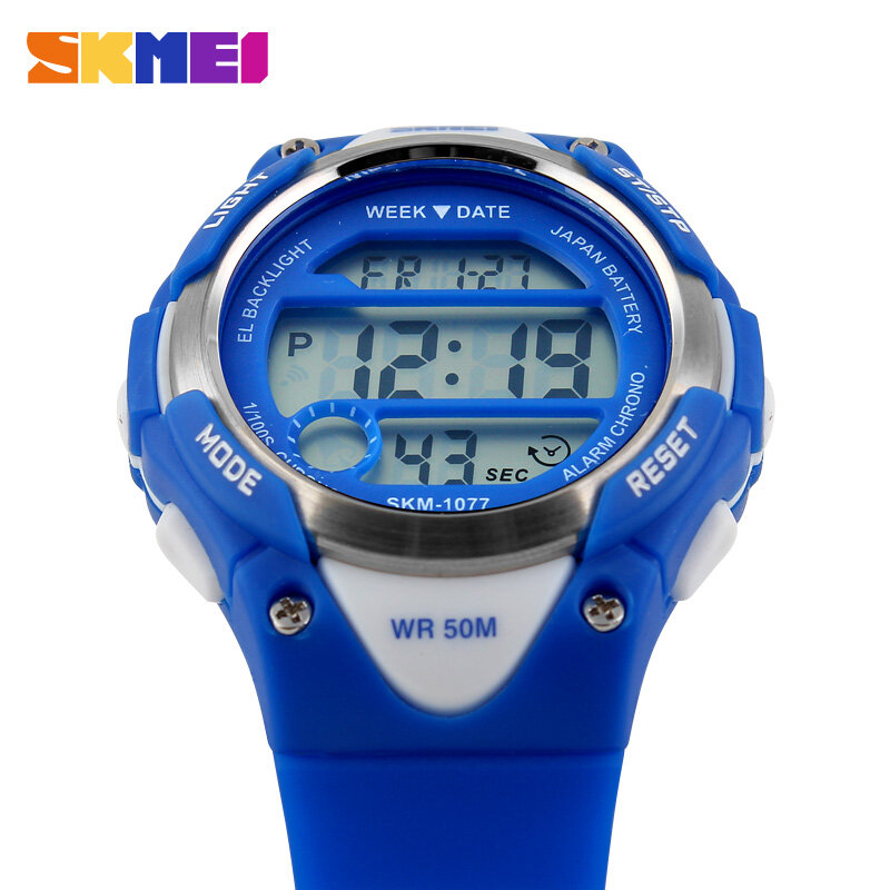 Skmei relógio digital esportivo para crianças, relógio digital com alarme para estudantes, cronômetro à prova d'água de 50m, relógio para meninos e meninas 1077