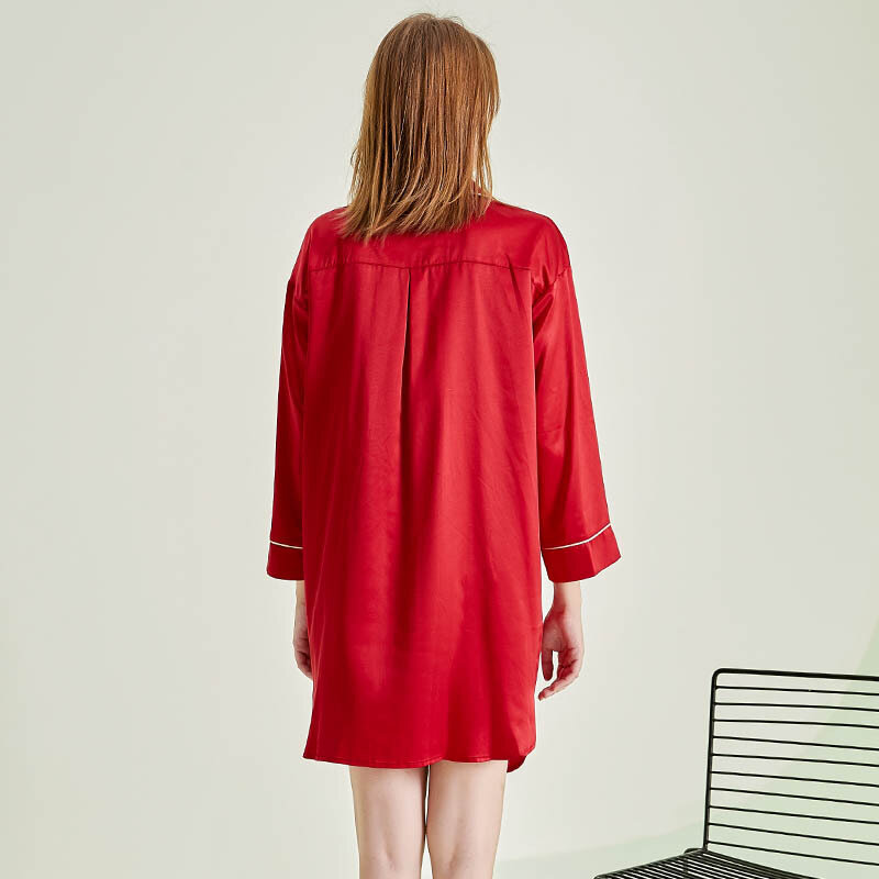 Camisón rojo de seda de hielo, falda de camisa de una pieza, falda de imitación de seda para el hogar, falda de pijama de manga larga a la moda, 2021