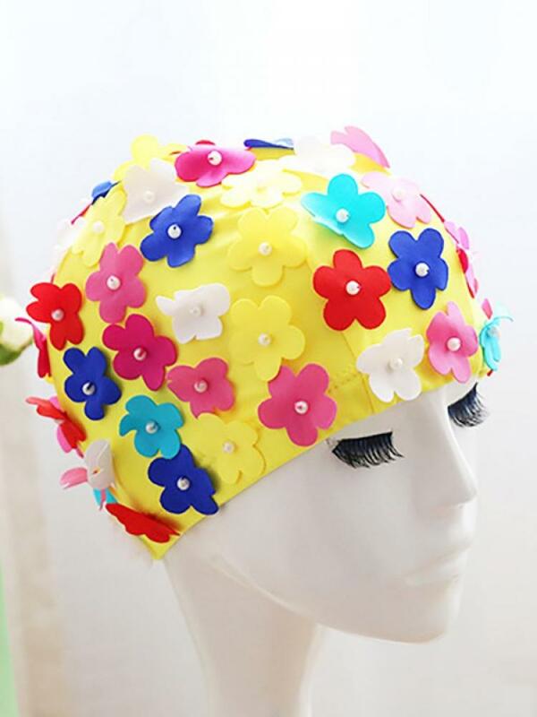 Topi Renang Mode Baru Wanita Topi Renang Panjang Mutiara Kelopak Bunga Buatan Tangan Topi Kain Mutiara Bunga Tiga Dimensi