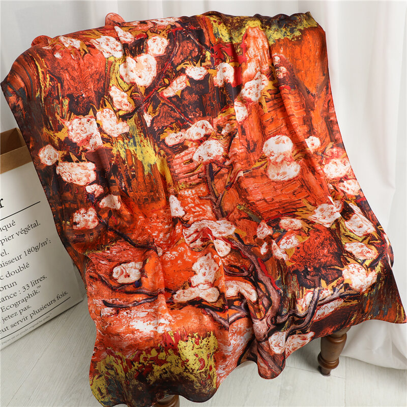 Foulard Bandana en Satin de soie pour femmes, carré imprimé, motif Floral, musulman, châle, sac enveloppant, cravate, 90x90cm
