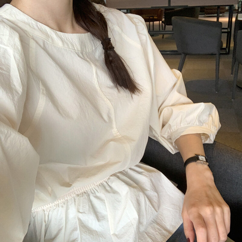 Shintimes Aprikot Blus Ruffle Ikat Pinggang Kasual Wanita Pakaian 2020 Baru Musim Gugur Lengan Panjang Kemeja Wanita Blus Kemeja Chemisier Femme