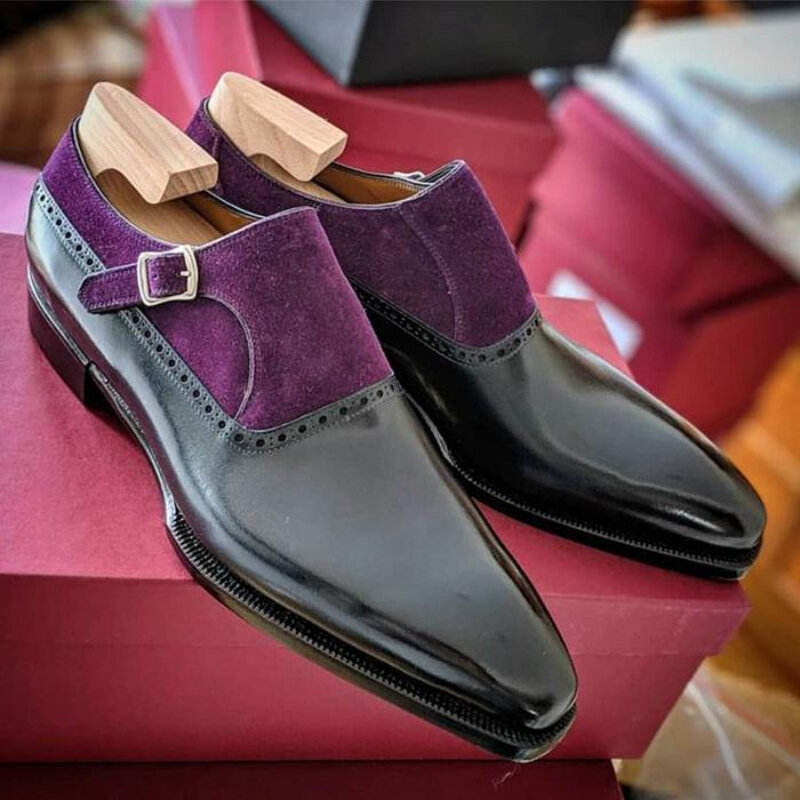 Fashion Pria Musim Semi dan Musim Gugur Gesper Runcing Kulit PU Jahitan Suede Tumit Rendah Klasik Santai Nyaman Sepatu Monk HM201