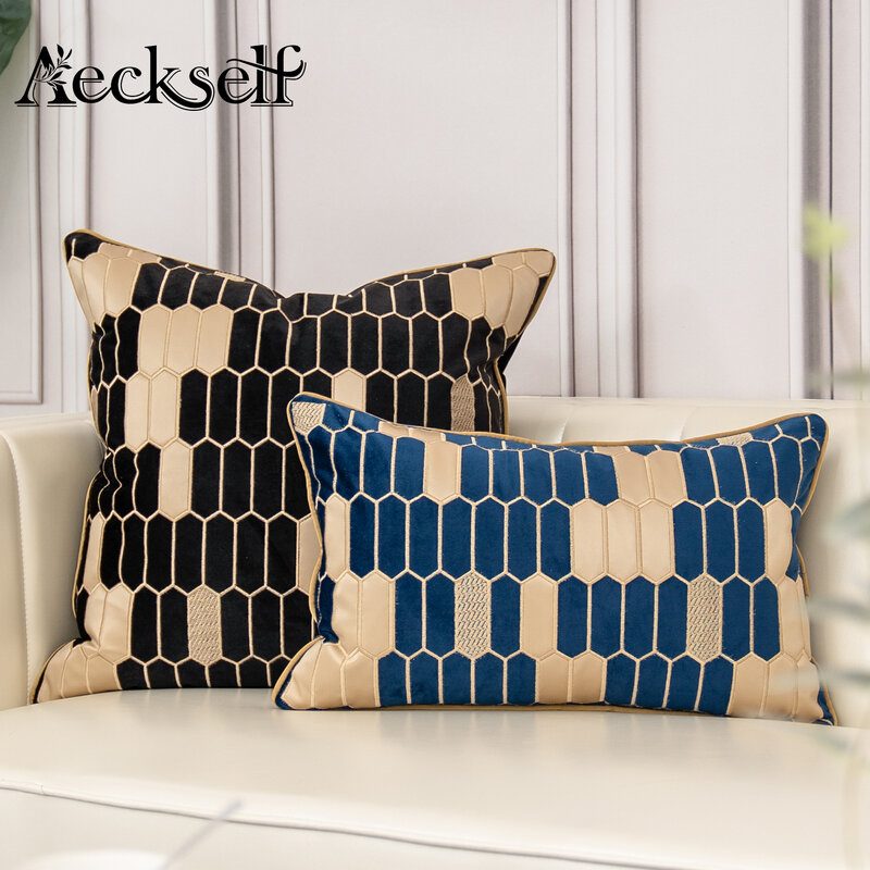 Aeckself Modern Leather Plaid Embroidery Velvet Cushion Cover Home Decor Navy Blue Brown Gray Throw Pillow Case Pillowcase