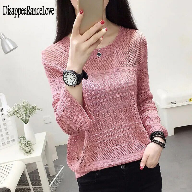 2020 Casual ladies o-neck Hollow out sweater mujer Otoño Invierno suéteres sueltos de manga larga Mujer Jumper suéter blanco